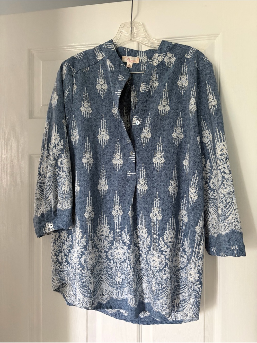 Misia Women’s Large Blue White Boho Tunic Blouse Floral Border Print